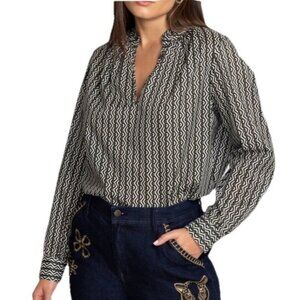 Johnny Was Calme Split Ruffled Neck Multi-Color Liya Blouse Woman's Sz L NWT